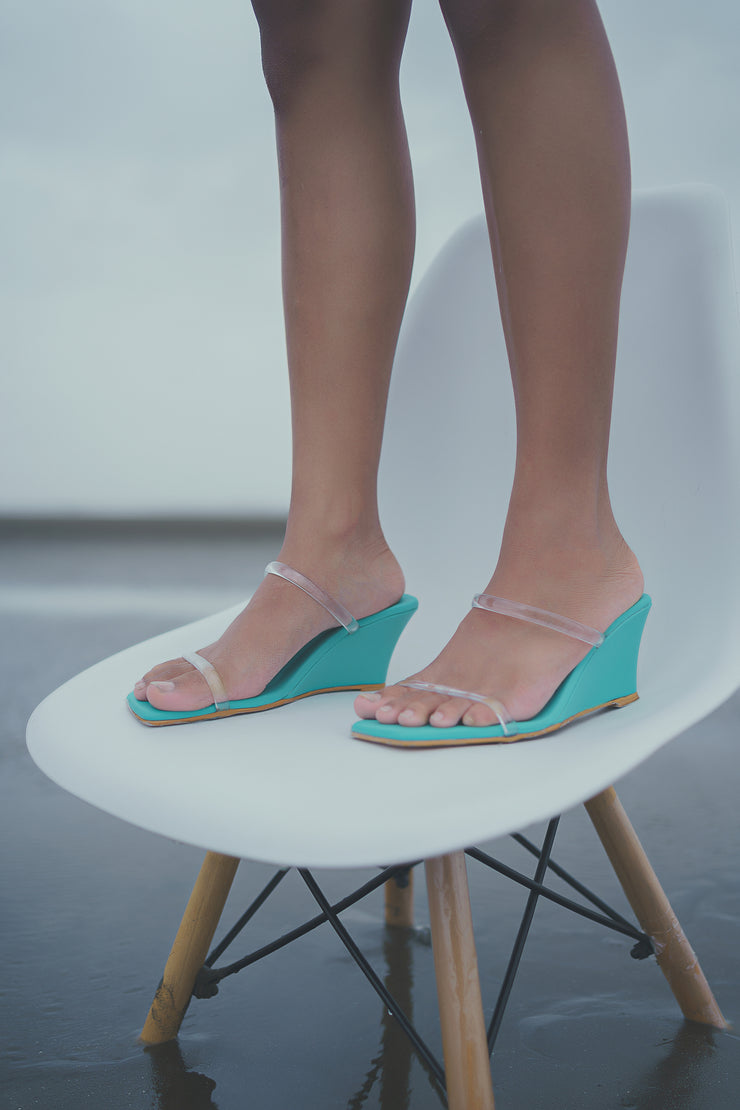 Teal Two Strap Transparent Wedge - Camila