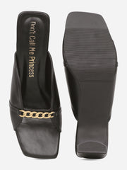 Solid Black Chunky Heels With Chain Detailing - Adele