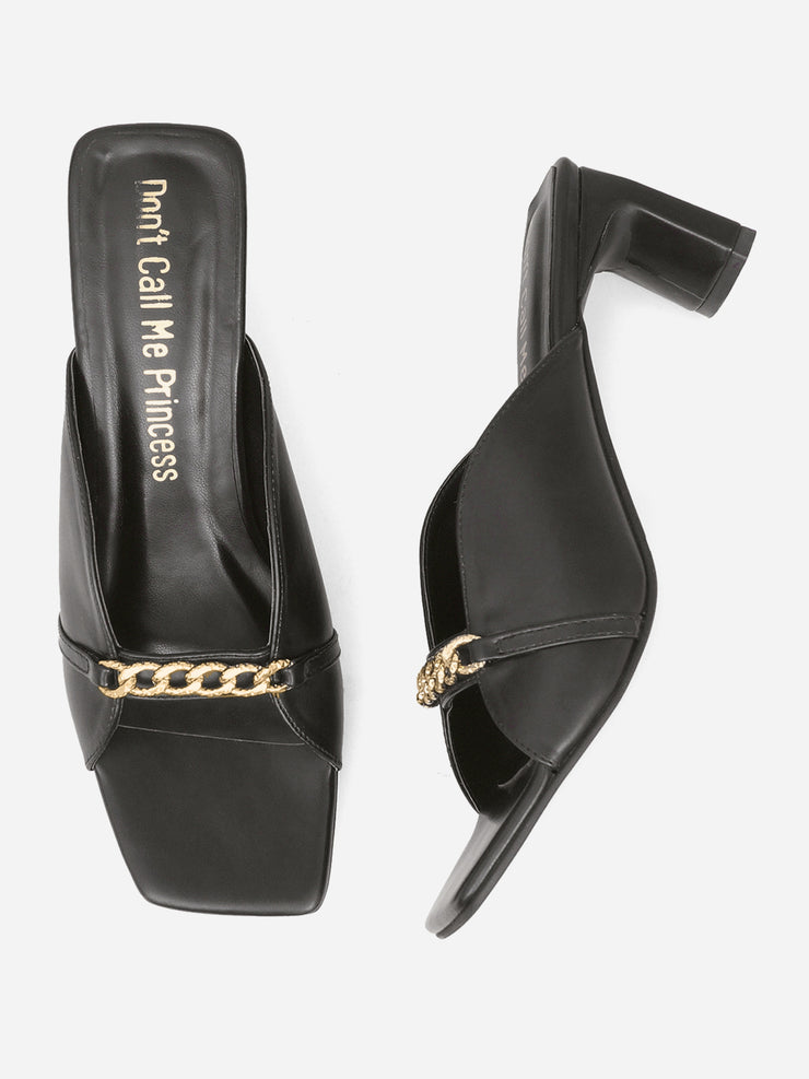 Solid Black Chunky Heels With Chain Detailing - Adele
