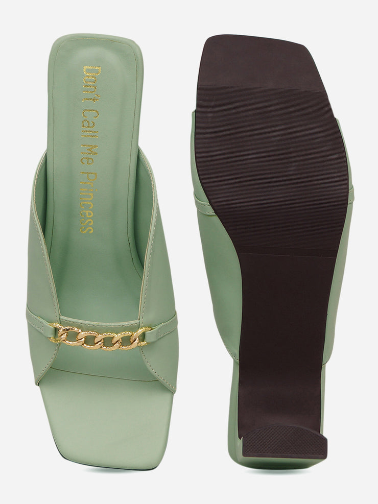 Solid Mint Chunky Heels With Chain Detailing - Adele