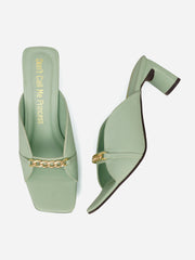 Solid Mint Chunky Heels With Chain Detailing - Adele