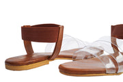 brown sandals with wooden pattern and backstrap
