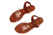 brown sandals with open toe and transparent straps