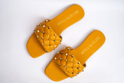 mustard yellow embellished flats with open and square toe