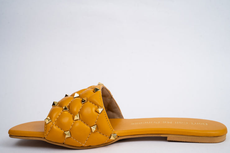 comfortable mustard yellow slide in flats with open toe