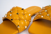 mustard yellow studded slip on flats with open toe